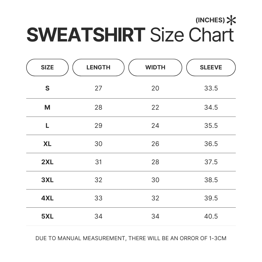 Sweatshirt Size Chart - World Of Horror Store