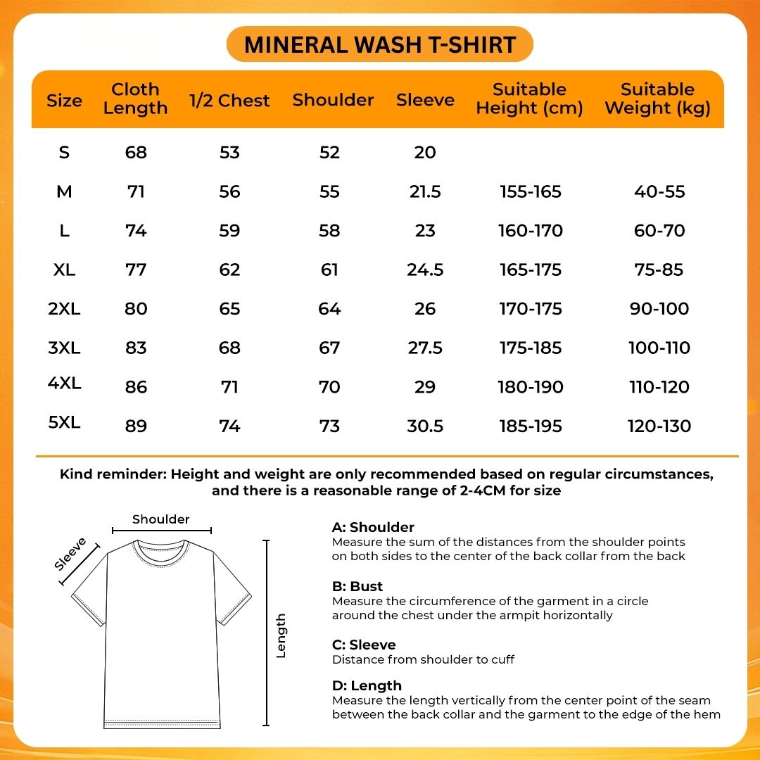 Mineral Wash T Shirt Size Chart - World Of Horror Store